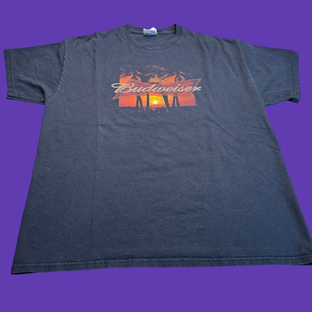 Budweiser T Shirt XL Black Faded Beer Logo Graphic Hanes Heavyweight Y2K